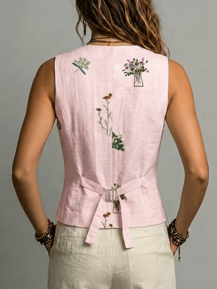Zarelle - Embroidered Sleeveless Linen Vest