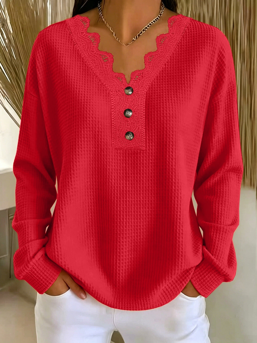 Brigeaia - Winter Long Sleeve Lace Top With Button