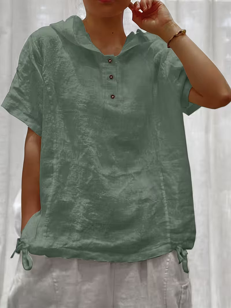 Bouchra - Loose Solid Color Hooded Short Sleeve Front Button