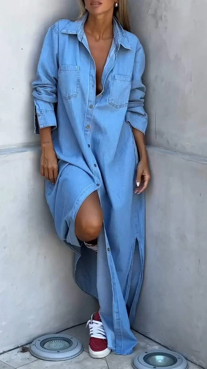 Vallina - Denim Long Sleeves Dress With Lapel