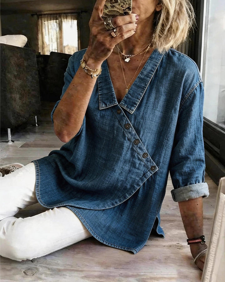 Kalisaisa - Plain Blouse With Diagonal Button Neck
