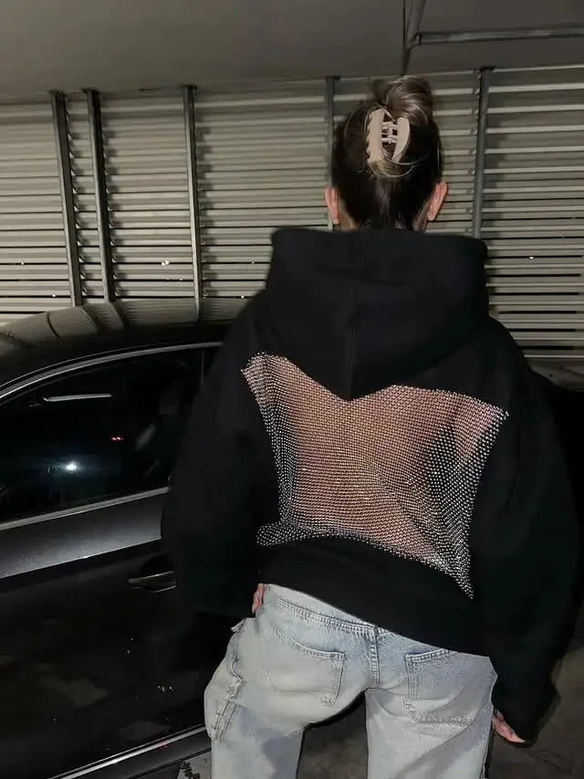 Yasmina - Backless Mesh Glitter Hoodie