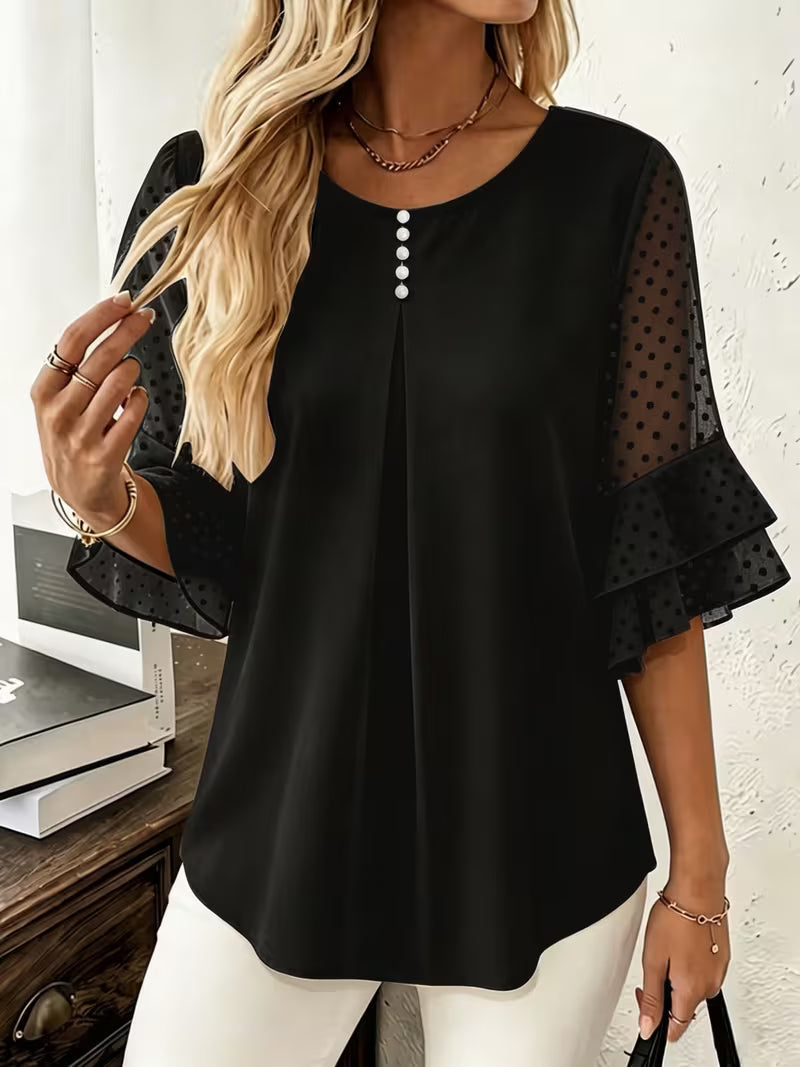 Hurley - Round Neck Blouse With Sheer Ruffle Sleeves