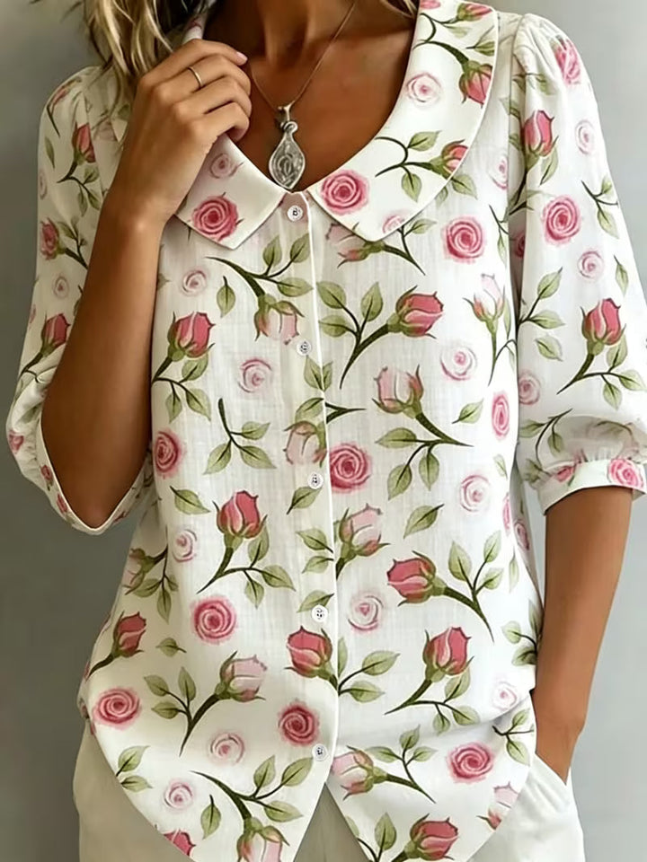 Alvique - Floral Print Collar Short Sleeve Blouse