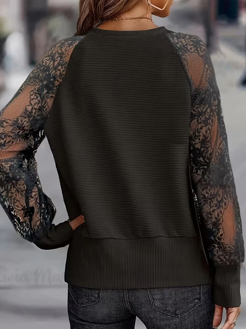 Melionina - V-Neck Lace Sleeve Ribbed Top
