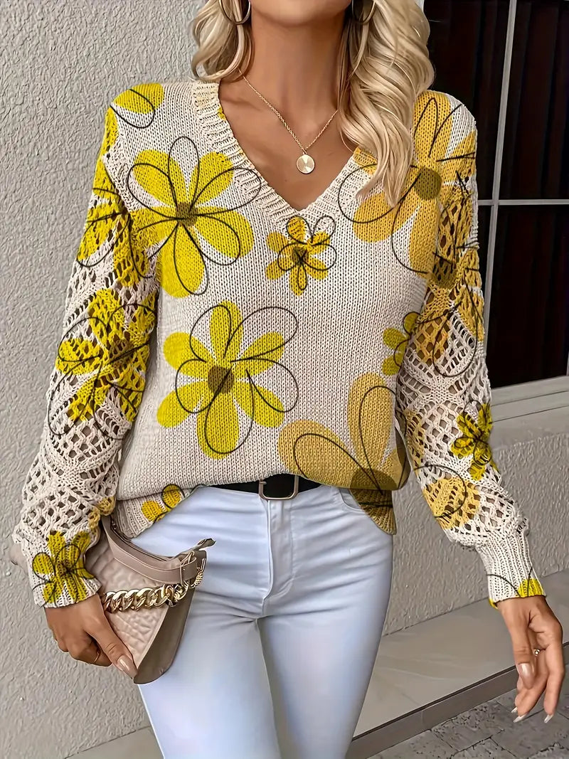 Marzena - Elegant Long Sleeve Sweater With Floral Print