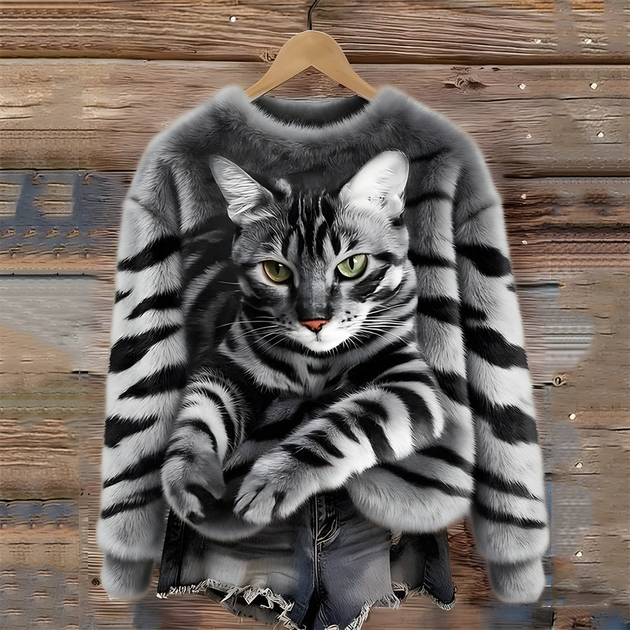 Melietta - Faux Fur Sweater With Cat Print
