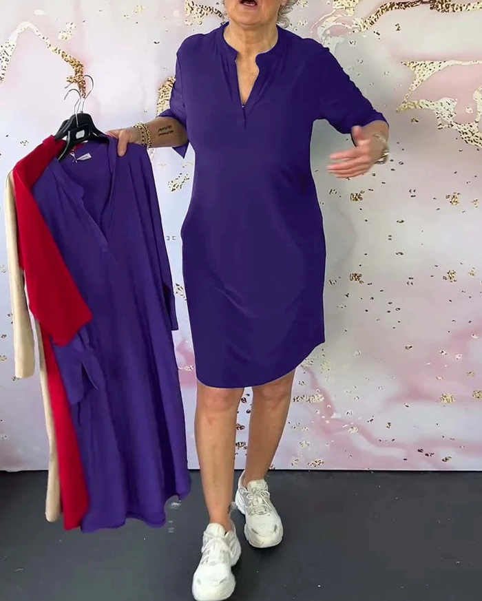 Sabela - Fashinable Plain Dress With V-neck