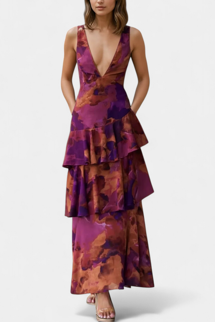 Kensie - Chiffon Dress With V-Neckline And Flowing Layers