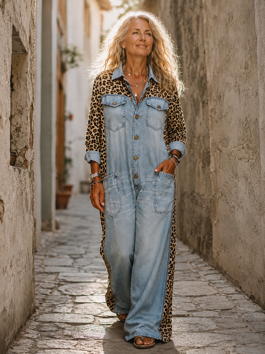 Yasmeen - Lightweight Denim Jumpsuit With Leopard Print
