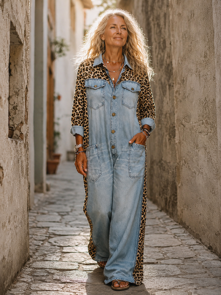 Yasmeen - Lightweight Denim Jumpsuit With Leopard Print