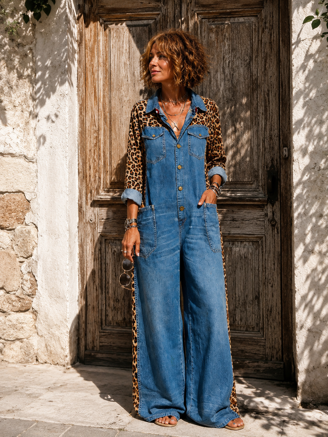 Yasmeen - Lightweight Denim Jumpsuit With Leopard Print