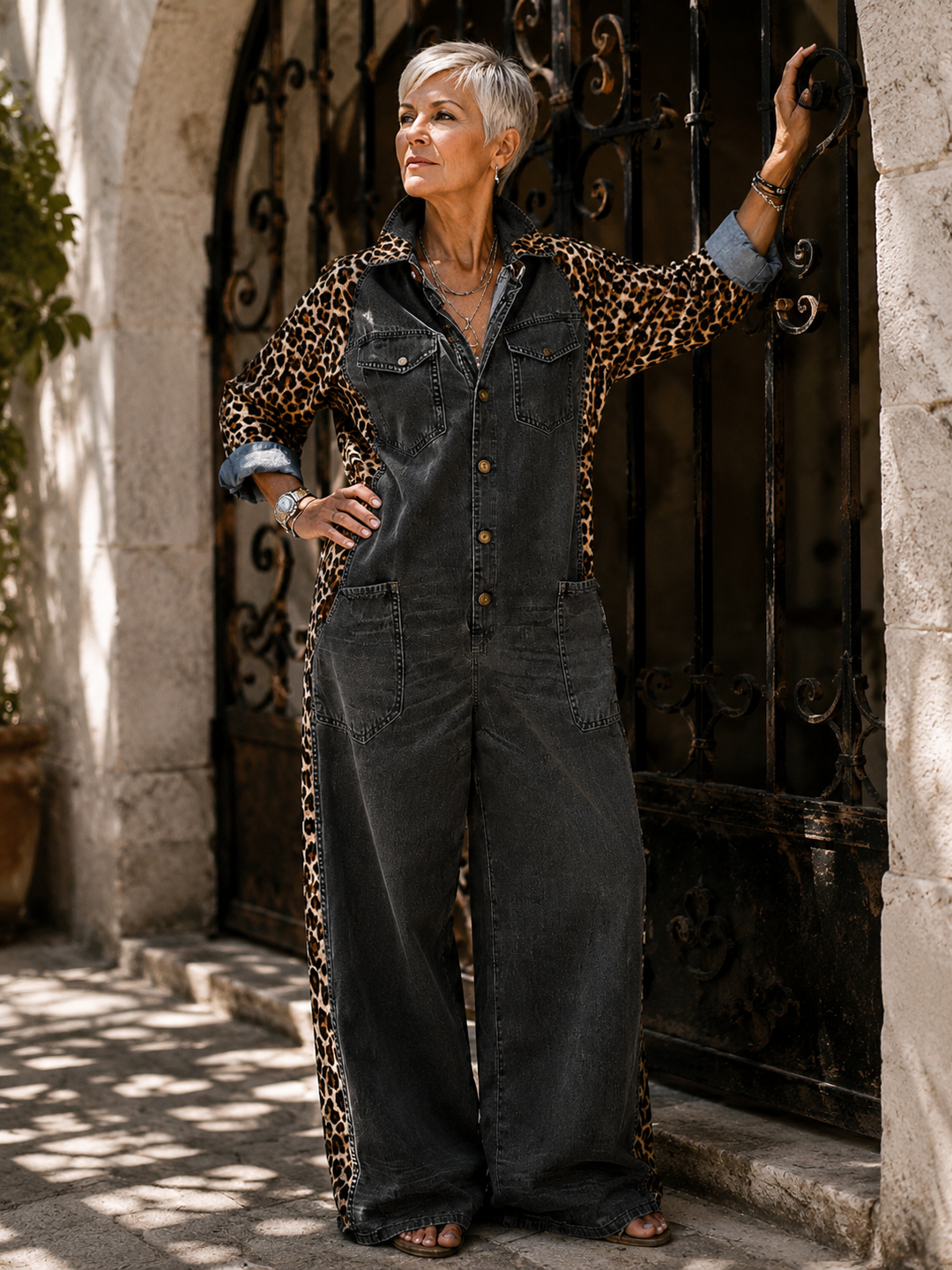 Yasmeen - Lightweight Denim Jumpsuit With Leopard Print