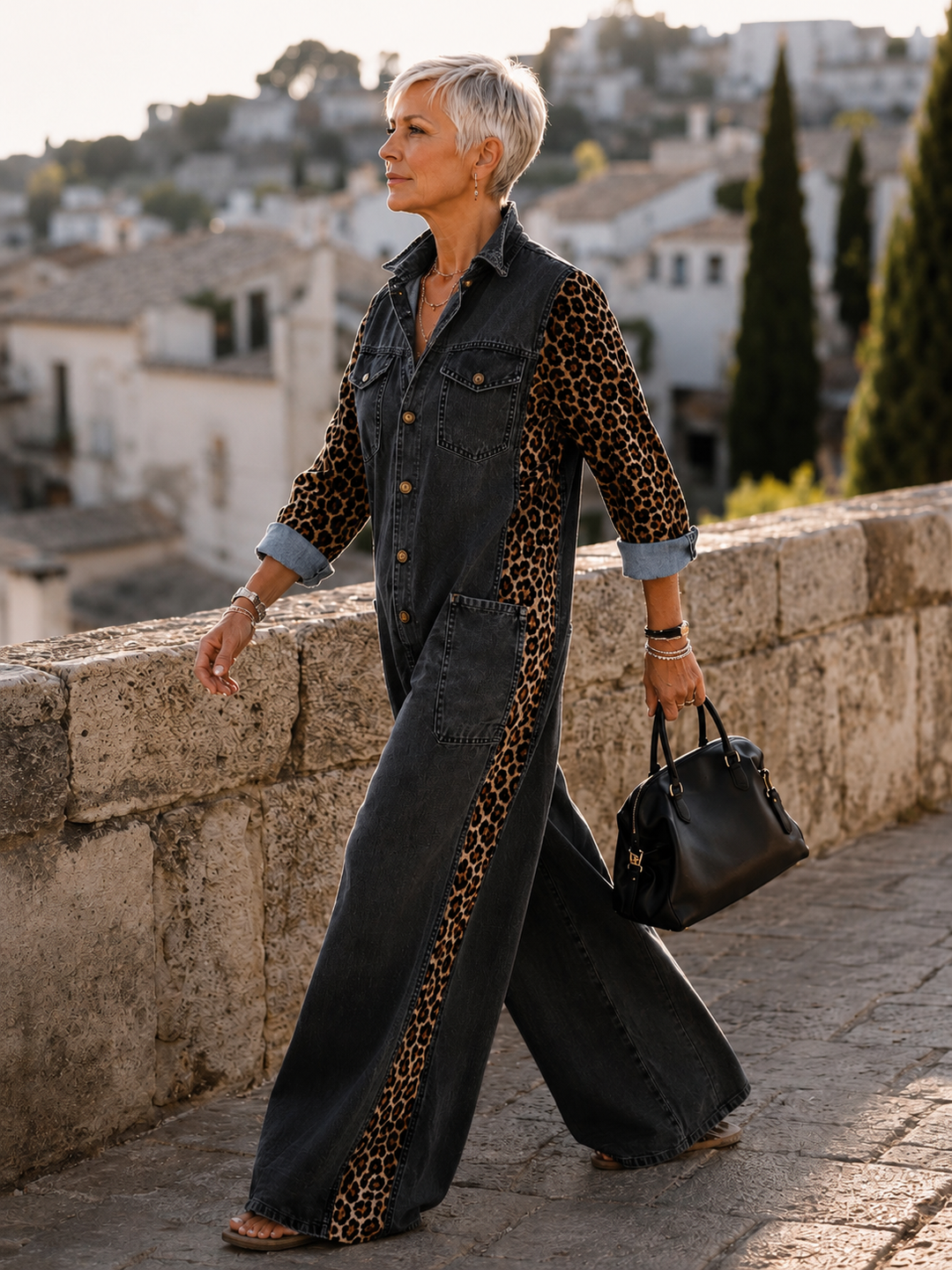 Yasmeen - Lightweight Denim Jumpsuit With Leopard Print