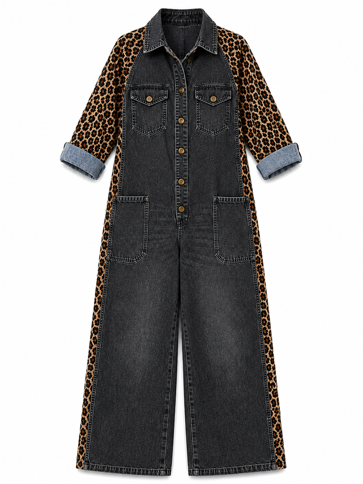 Yasmeen - Lightweight Denim Jumpsuit With Leopard Print