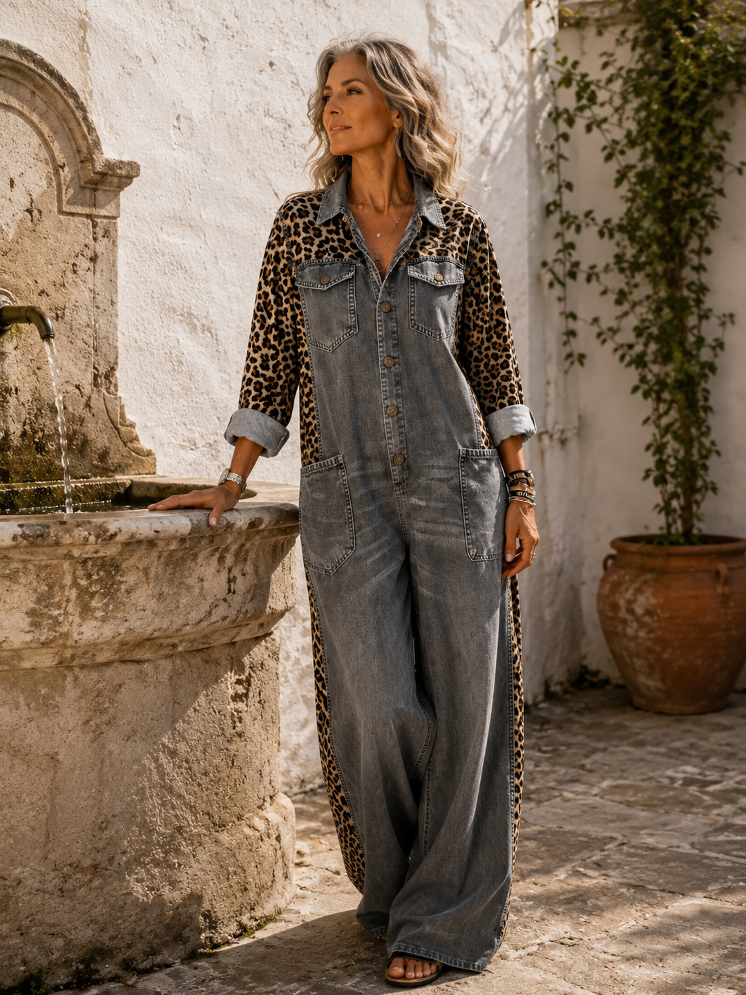 Yasmeen - Lightweight Denim Jumpsuit With Leopard Print
