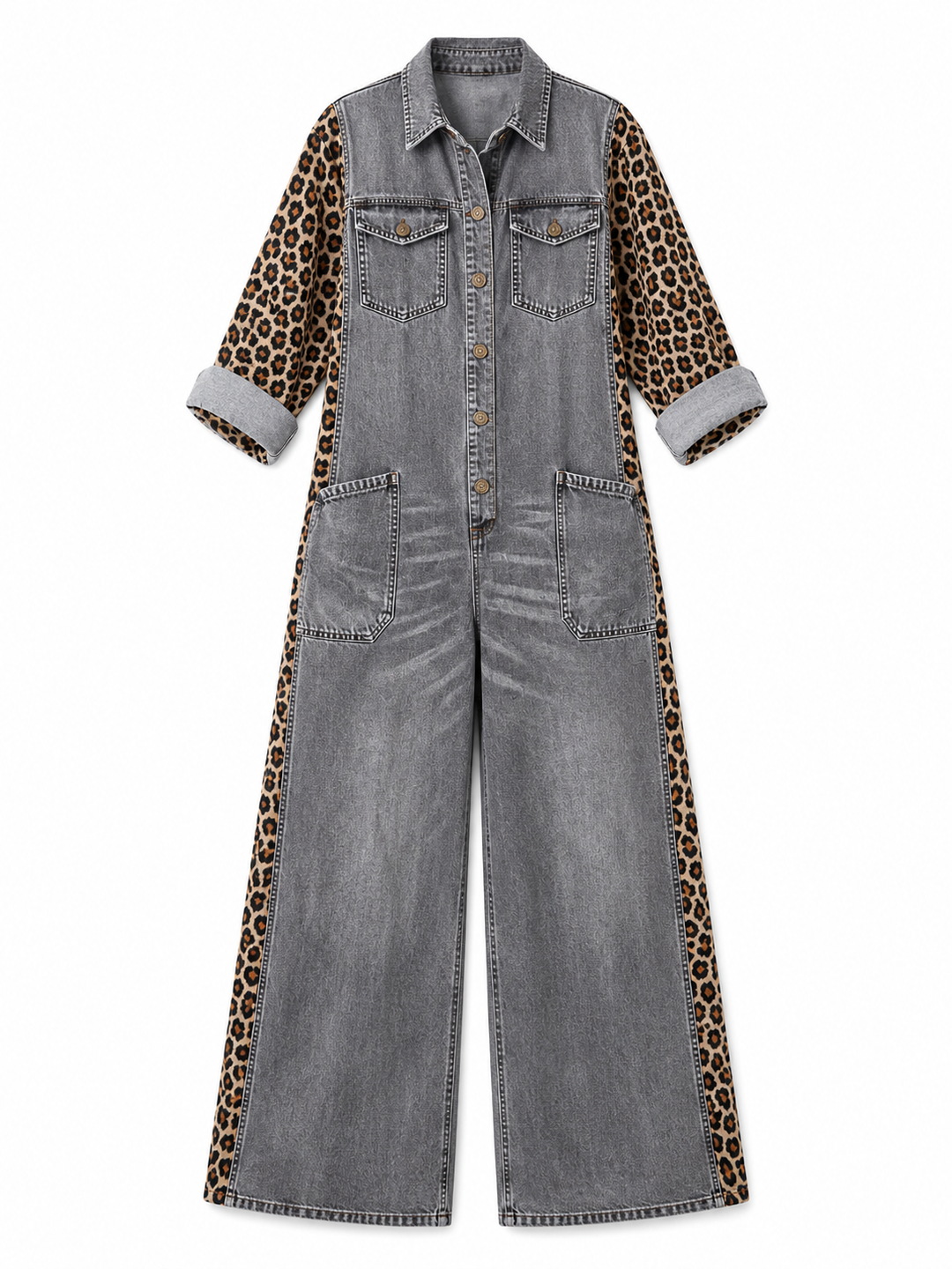 Yasmeen - Lightweight Denim Jumpsuit With Leopard Print