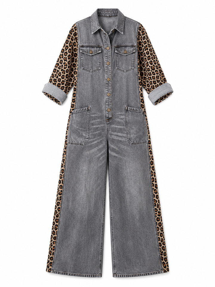 Yasmeen - Lightweight Denim Jumpsuit With Leopard Print