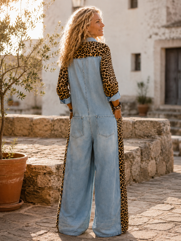 Yasmeen - Lightweight Denim Jumpsuit With Leopard Print