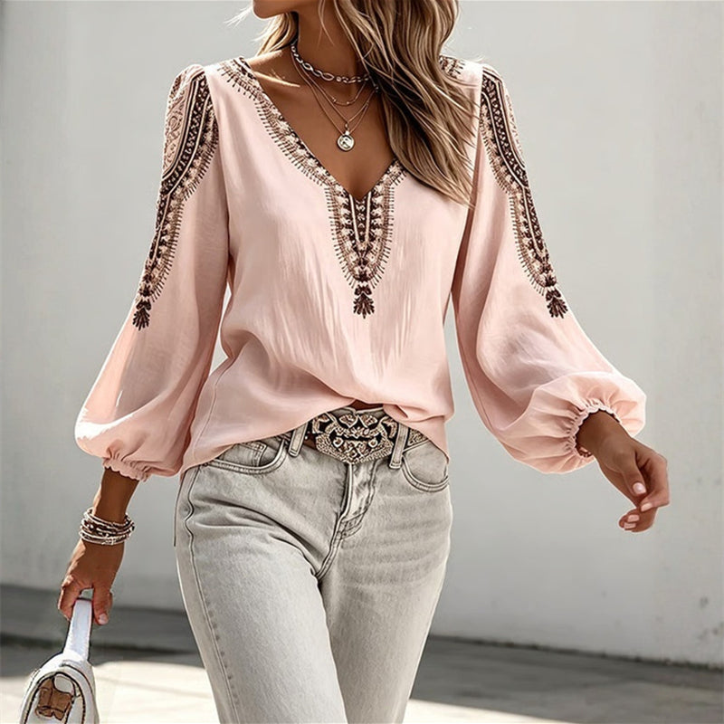 Helialene - Embroidered V-Neck Long Sleeve Blouse