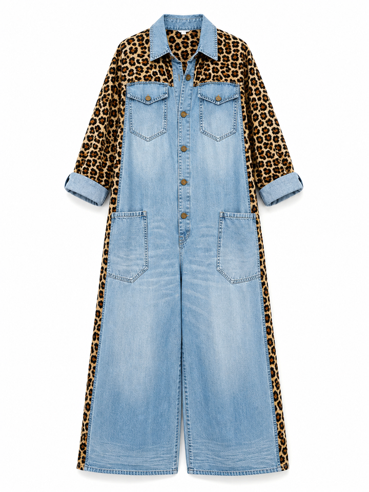 Yasmeen - Lightweight Denim Jumpsuit With Leopard Print