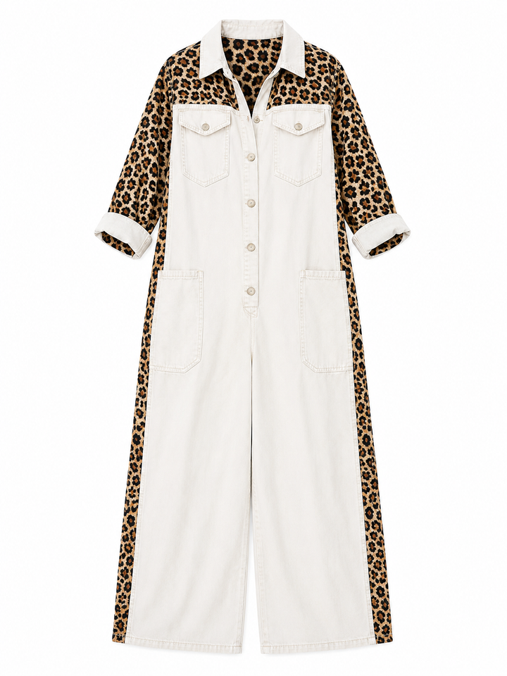 Yasmeen - Lightweight Denim Jumpsuit With Leopard Print