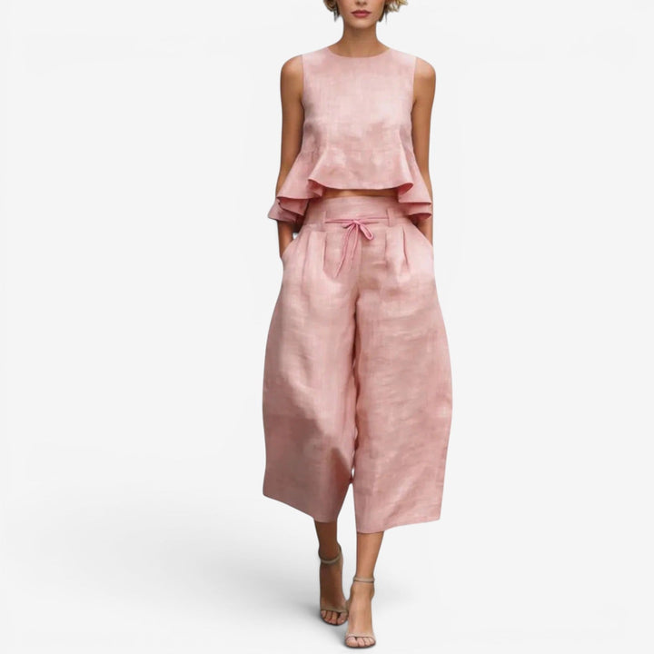 Nilyana - Ruffled Linen Two-Piece Set