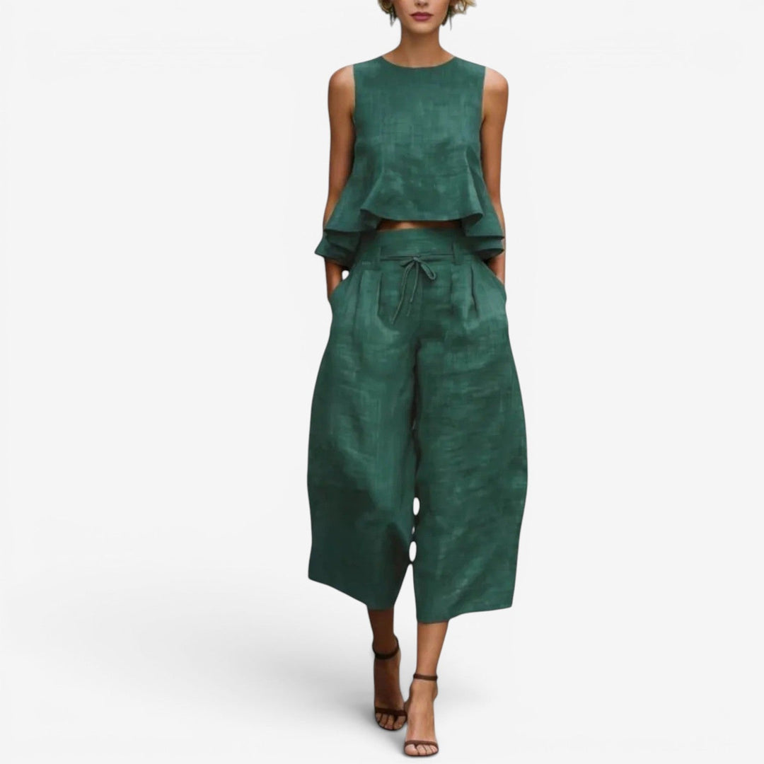 Nilyana - Ruffled Linen Two-Piece Set