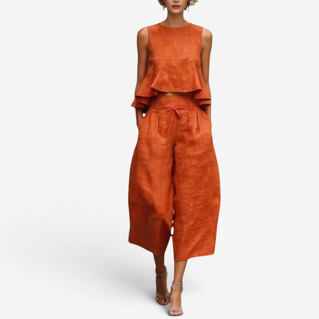 Nilyana - Ruffled Linen Two-Piece Set