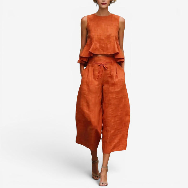 Nilyana - Ruffled Linen Two-Piece Set