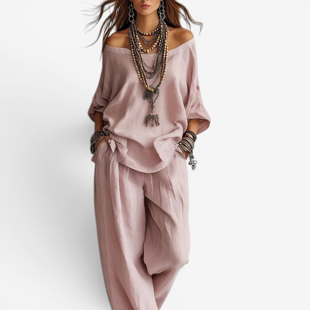 Shompa - Oversized Off Shoulder Top And Wide Leg Trouser Set