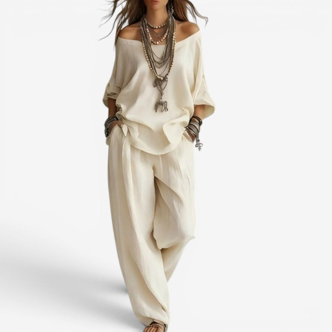 Shompa - Oversized Off Shoulder Top And Wide Leg Trouser Set