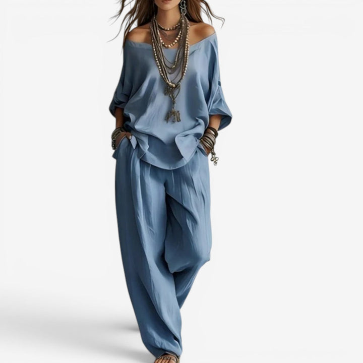 Shompa - Oversized Off Shoulder Top And Wide Leg Trouser Set