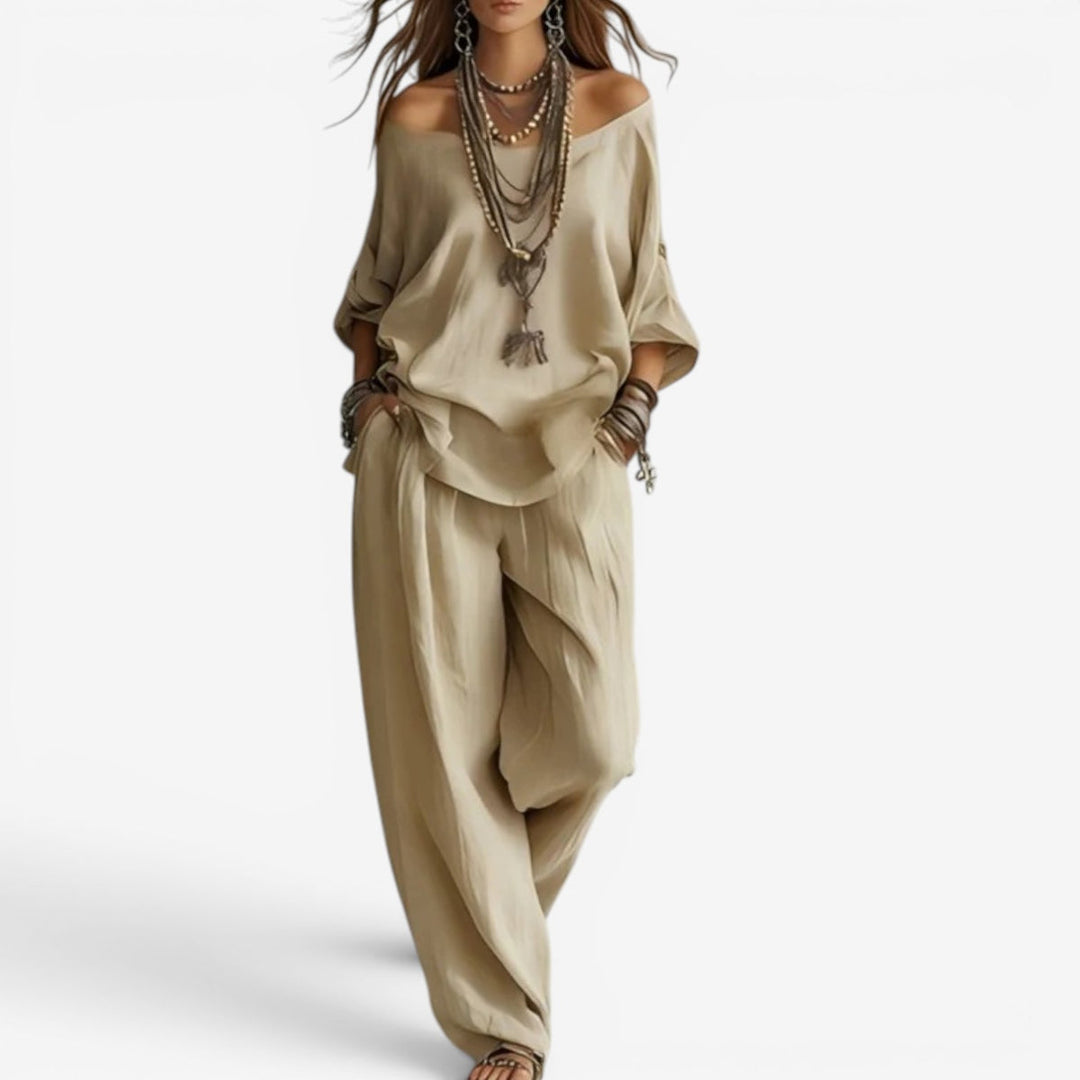 Shompa - Oversized Off Shoulder Top And Wide Leg Trouser Set