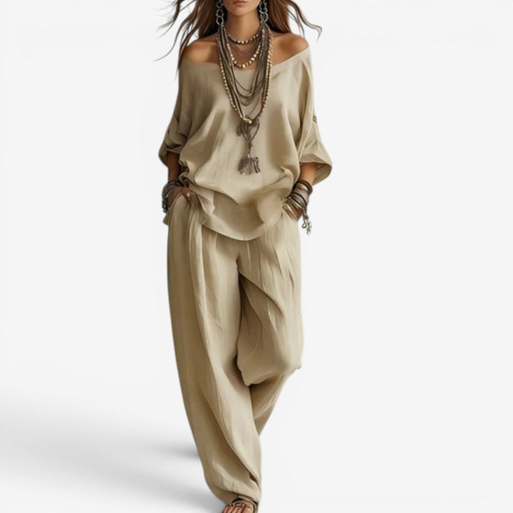 Shompa - Oversized Off Shoulder Top And Wide Leg Trouser Set
