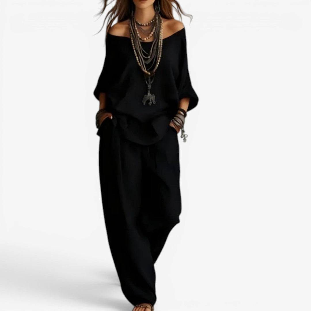 Shompa - Oversized Off Shoulder Top And Wide Leg Trouser Set
