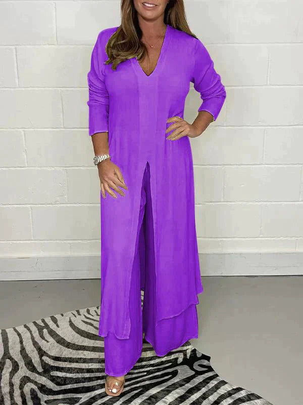 Melis - V Neck Two Piece Set with Slit