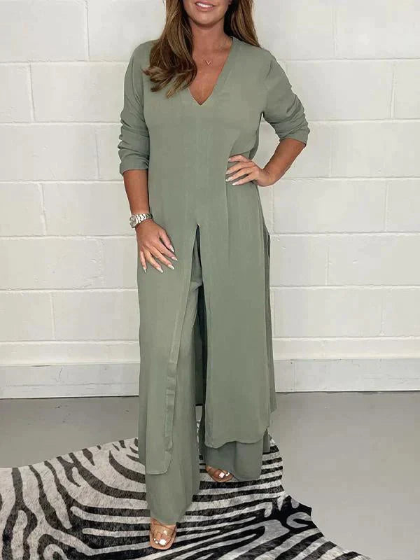 Melis - V Neck Two Piece Set with Slit