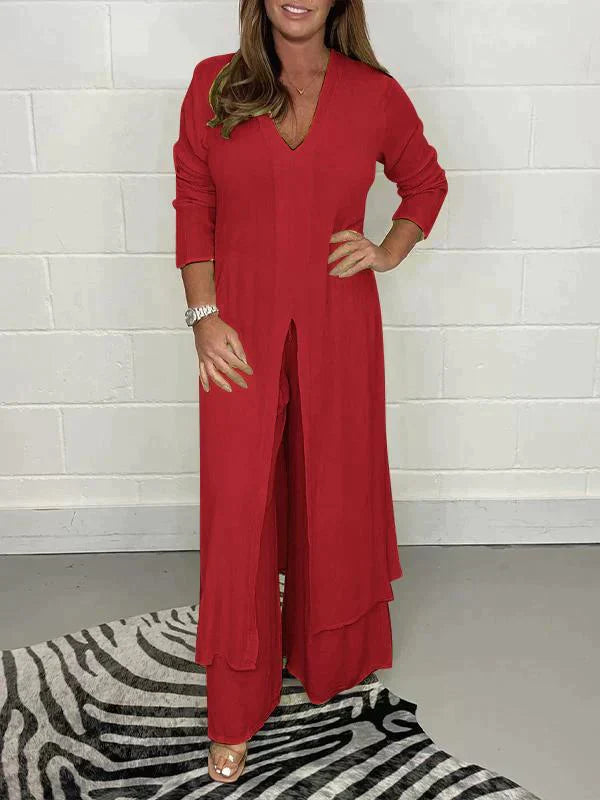 Melis - V Neck Two Piece Set with Slit