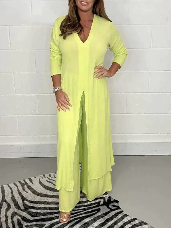 Melis - V Neck Two Piece Set with Slit