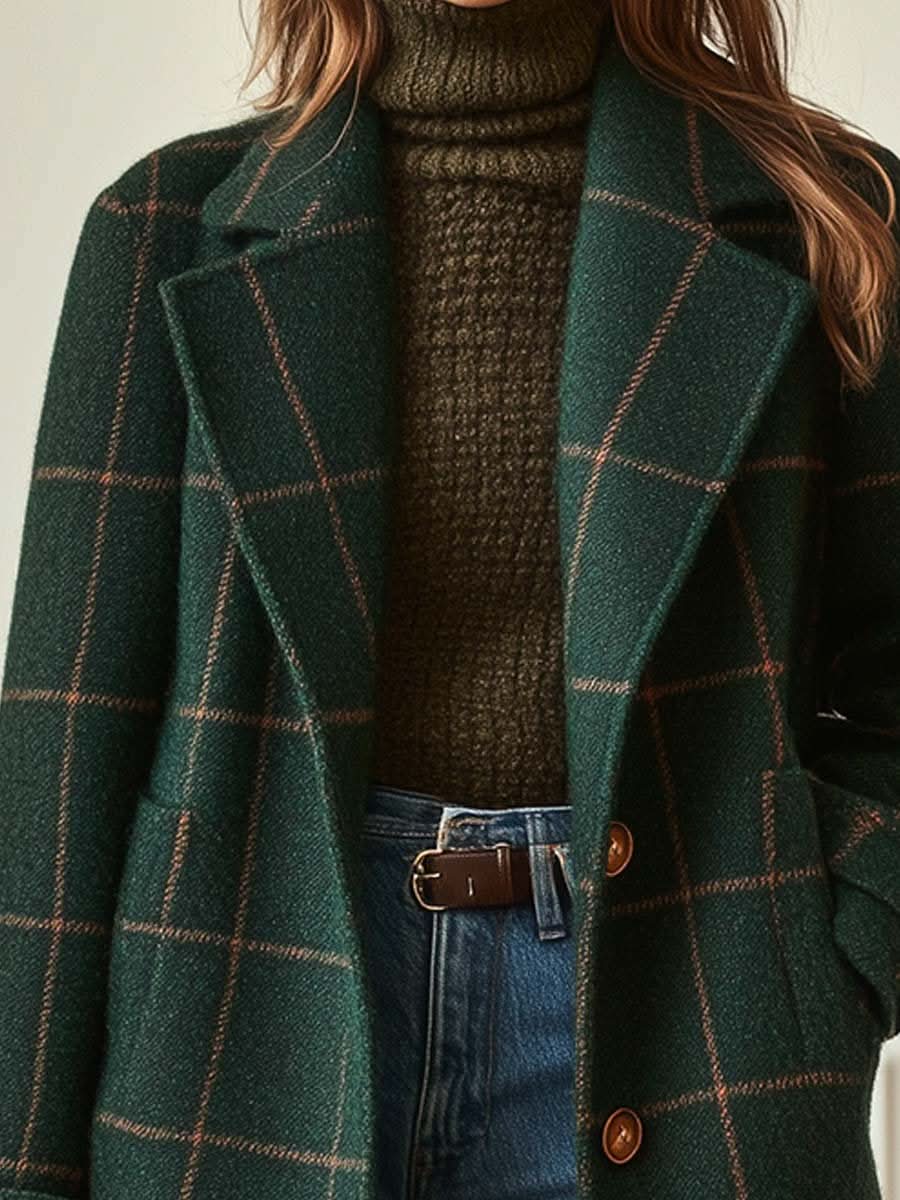 Signinida - Classic Plaid Coat With Lapel Collar