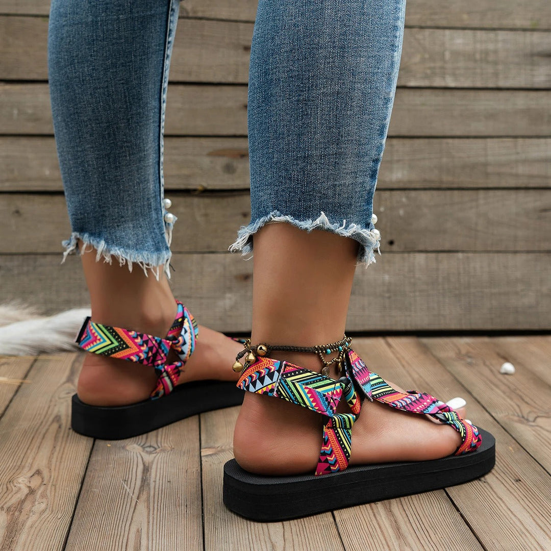 Maryane - Patterned Hook and Loop Platform Sandals