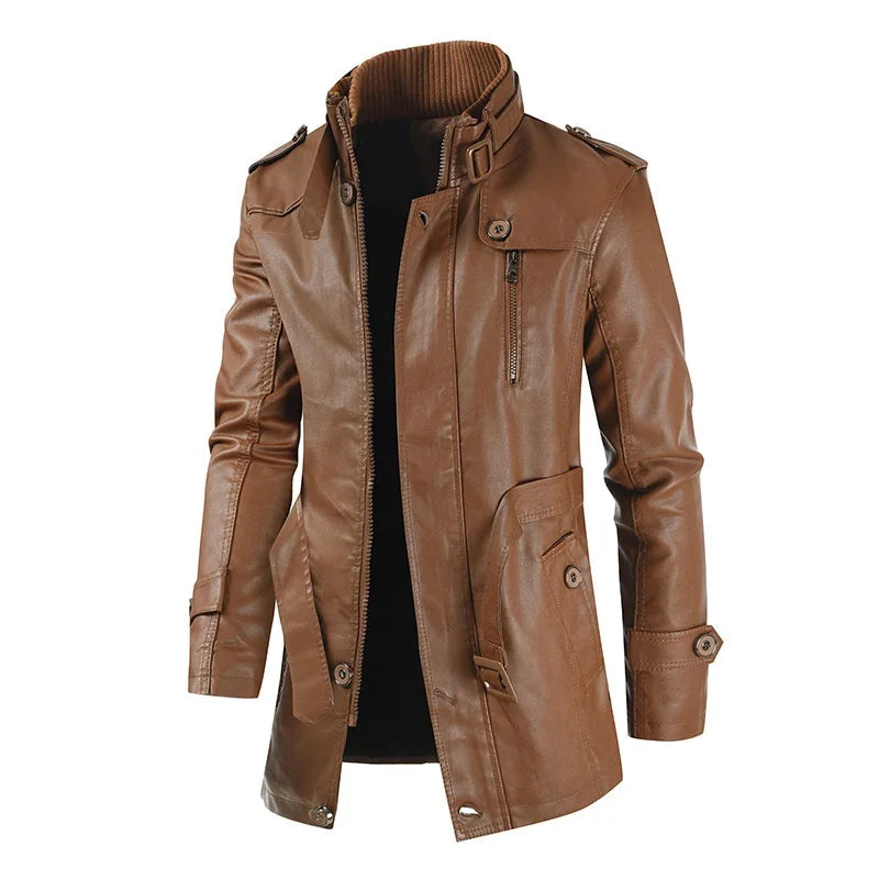 Krystain - Elegant Long Leather Biker Jacket