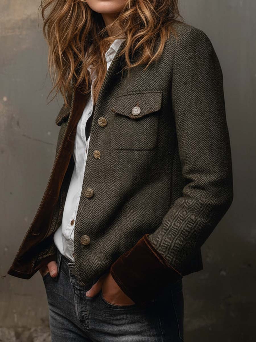 Miraisa - Herringbone Button-Up Jacket With Contrast Cuffs