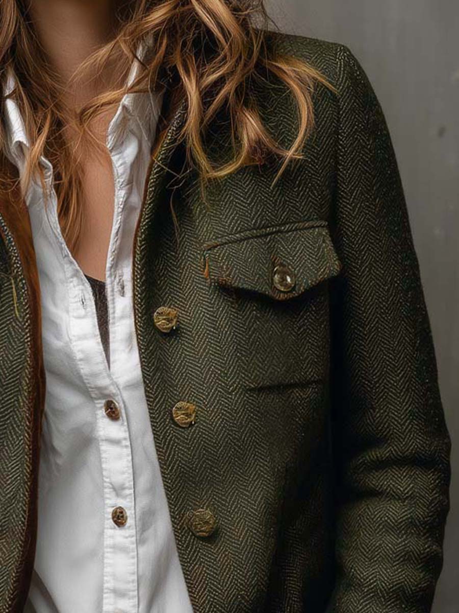 Miraisa - Herringbone Button-Up Jacket With Contrast Cuffs