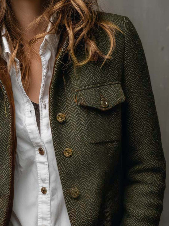Miraisa - Herringbone Button-Up Jacket With Contrast Cuffs
