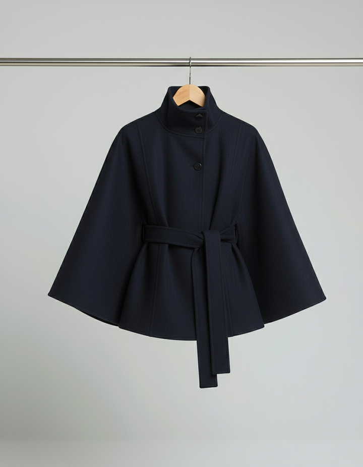 Stina - Woolen Cropped Cloak Coat With Belt