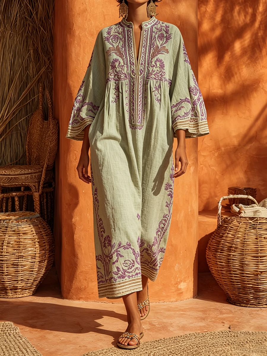 Sariana - Boho Embroidered Dress With V Neck