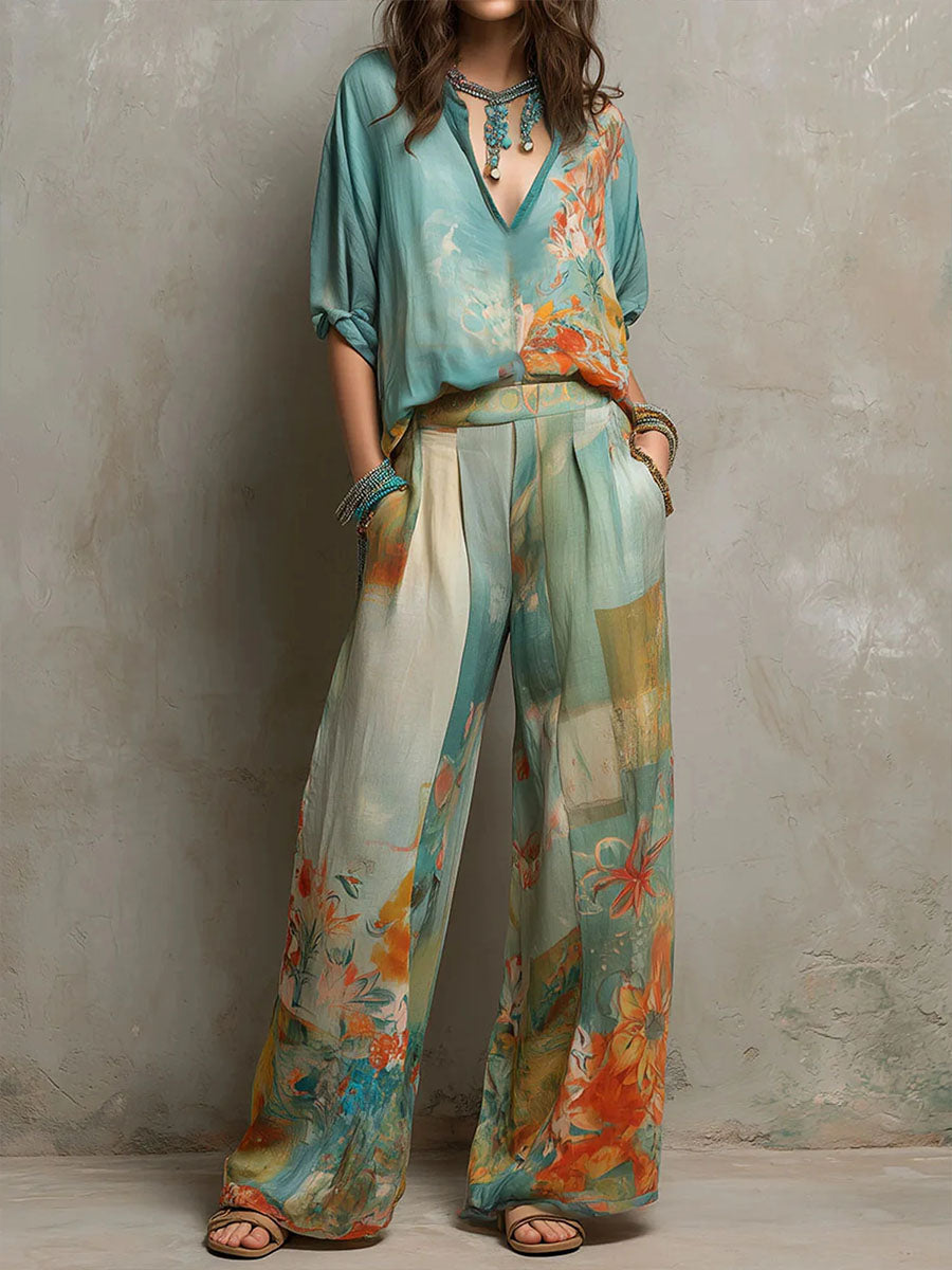 Chiaran - Floral Print Set with Wide-Leg Trousers