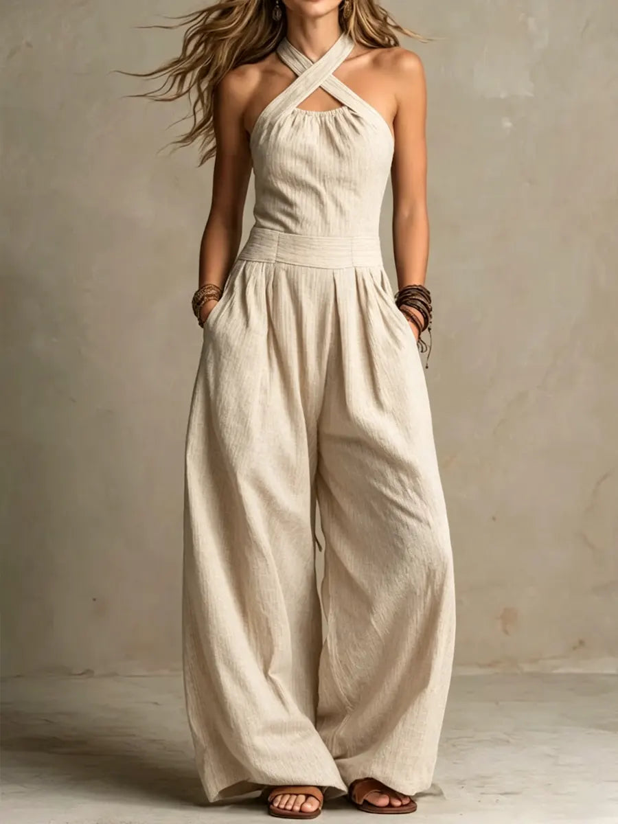 Jazmine - Linen And Cotton Jumpsuit With Crossover Neckline